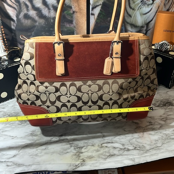 Coach VINTAGE Signature Tote Zip Top Canvas Fabric Rust Suede Top Handle Bag EUC - Picture 9 of 16